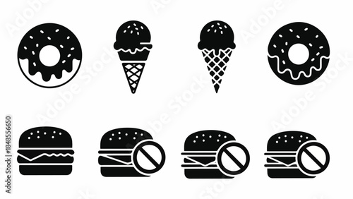 Playful Donuts, Ice Cream Hamburger Illustrations – Modern Artistic Arrangement of Eight Dessert Items