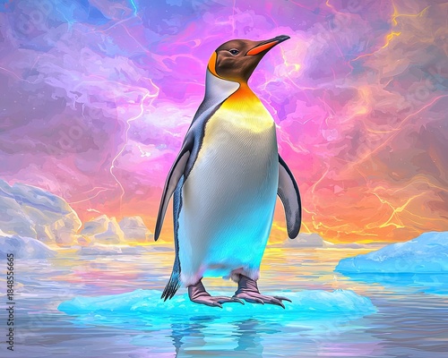 Emperor Penguin Standing Proudly on Glowing Ice Against a Vivid Colorful Background