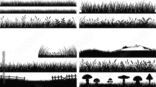 Black grass silhouette border set, meadow field plants collection, nature lawn background, wild weeds vector illustration, garden fence landscape design.
