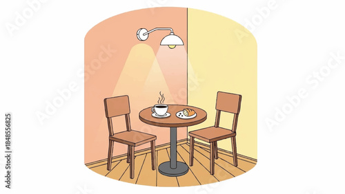 Serene Cozy Round Table with Chairs, Pendant Lights, Mug in Warm, Pastel-Colored Room