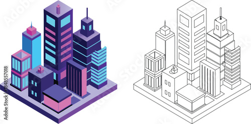 Isometric City Buildings Illustration – Urban Architecture Scene (Color & Line Art)