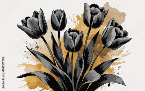 Artistic Monochrome Tulip Flowers Vector Illustration With Golden Watercolor Splash Background Elements