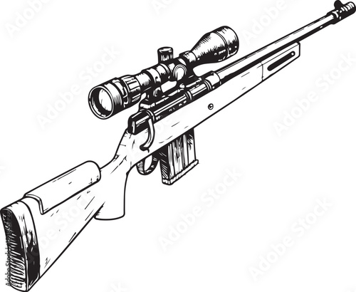 Sniper rifle with scope Hand-drawn Sketch Drawing Vector Illustration, Line Linear Symbol Engraving Coloring Book, Black and White Isolated