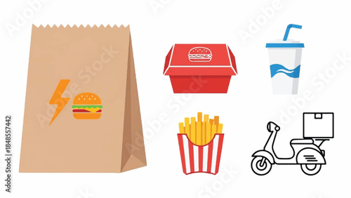 Fast food delivery collection with a burger bag, fries container, red box, wavy cup, and delivery scooter arranged in a row on a clean white background.