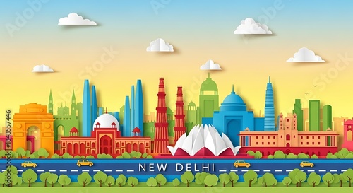 A vibrant, colorful illustration showcasing a stylized cityscape with notable landmarks, cars, and clouds. It represents an urban environment