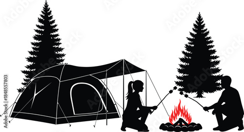 Camping family silhouettes, parents and child roasting marshmallows by campfire near tent in forest isolated on white background vector illustration