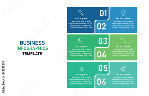 Editable business infographic template design with 6 steps. Infographic template which can be used for presentations banners, workflow layout, annual report, web design.