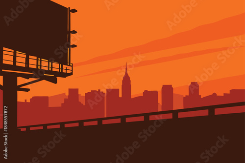 Stunning sunset cityscape silhouette with dynamic billboard and captivating skyline, perfect for urban advertising campaigns and vibrant background designs