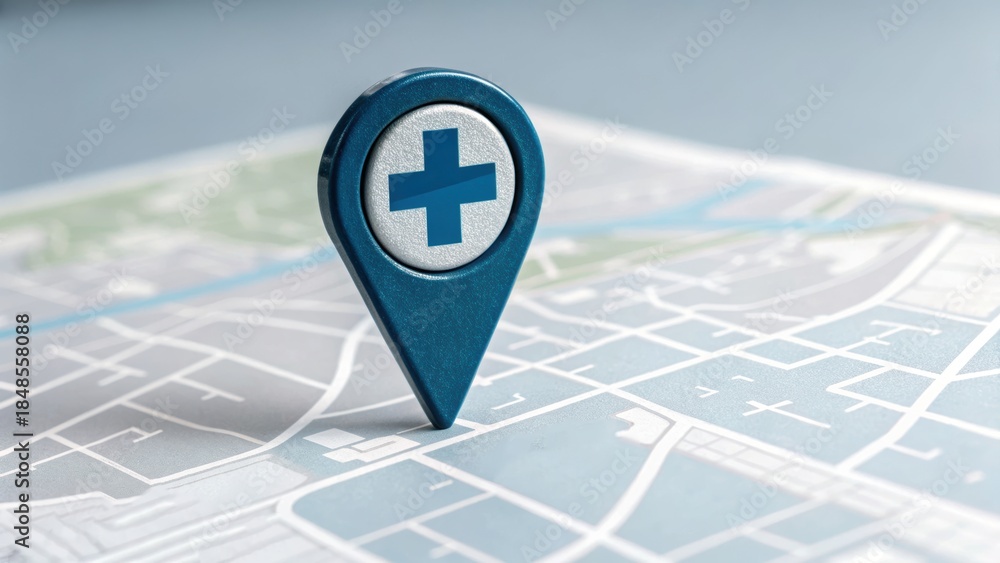 Fototapeta premium Public health milestone symbol on city map with blue location pin and medical cross representing healthcare progress