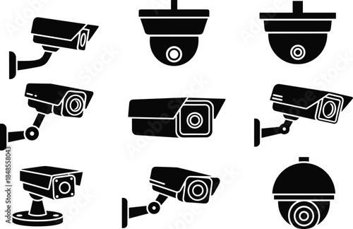 CCTV security camera silhouette icon set for surveillance monitoring systems, safety technology illustration isolated vector design collection brand