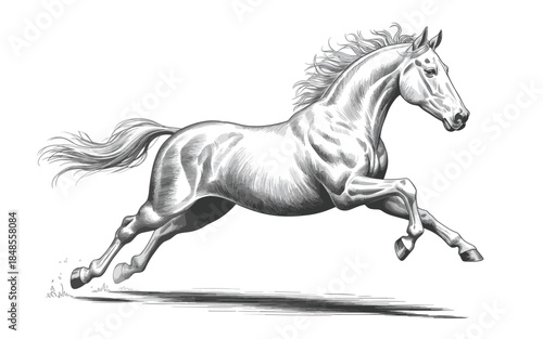 Elegant Black And White Vector Illustration Of A Powerful Running Stallion Horse