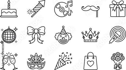 Celebration icons, party symbols, festive elements vector, event design illustration, black line style, cad drawing flat vector illustration