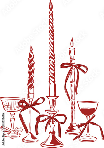 Elegant hand drawn vintage candles decorated with ribbons, isolated on white background. Romantic illustration suitable for wedding invitations, classic stationery, festive decor, holiday designs, and