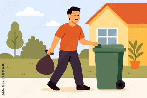 Man taking out trash outdoors