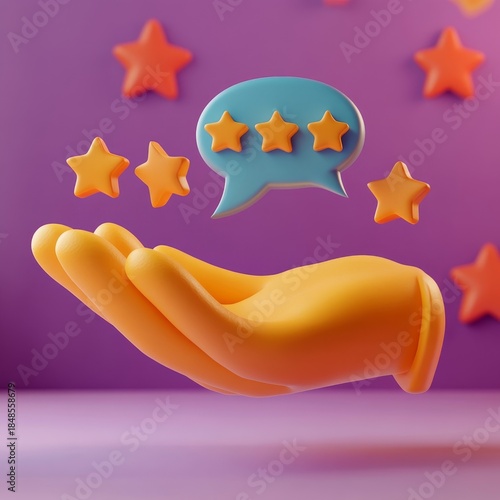 3D rendering of a cartoon hand with a speech bubble and five stars, symbolizing feedback or reviews in a fun and interactive way, Generative AI
