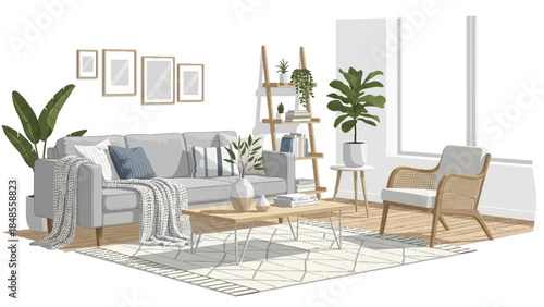 A modern living room interior with sofa, chair, coffee table, and plants viewed from an angle.