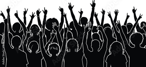 Cheering crowd silhouette illustration people raising hands celebration concert festival unity energy black vector isolated white background