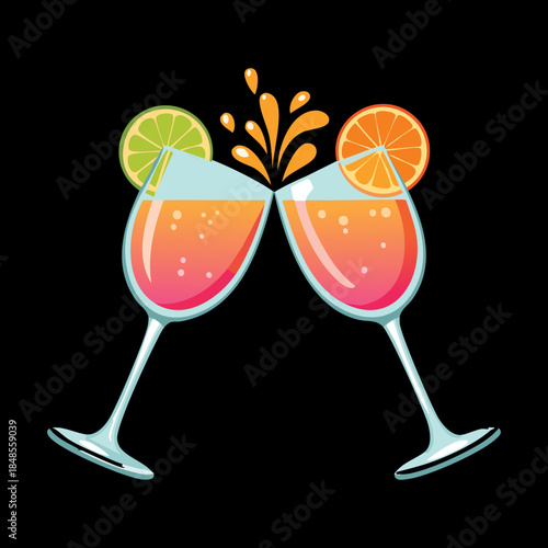 Toasting two orange tropical cocktails with lime garnishes on black background for nightclub event and party celebration