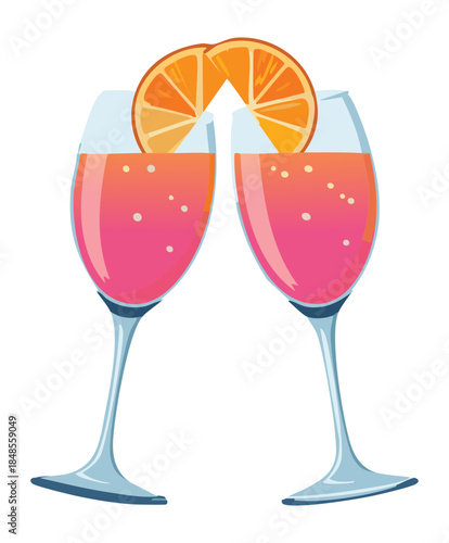 Two pink tropical cocktails with orange garnishes for romantic toast and festive summer holiday party celebration event