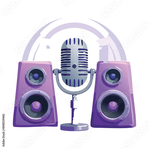 Professional silver microphone with dual purple speakers for podcasting music recording and live entertainment broadcast