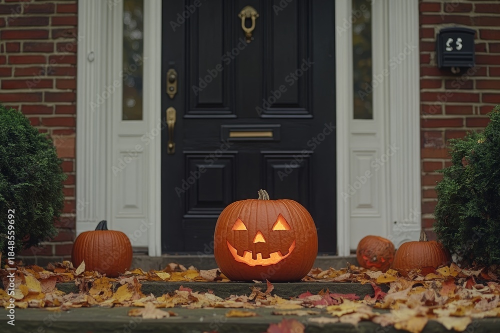 Obraz premium Carved pumpkins displayed near a black house door, creating a seasonal and festive atmosphere for Halloween, Generative AI