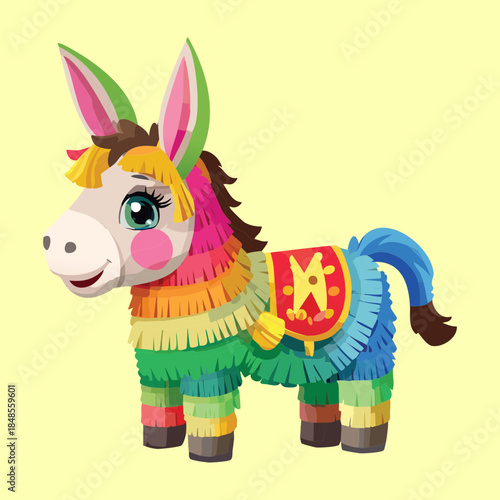 Cute colorful donkey piñata on yellow background for festive birthday celebration and traditional mexican party games