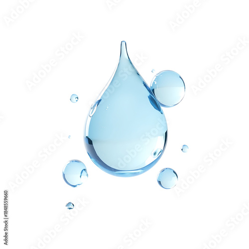 Clear blue water drop with small bubbles isolated on transparent background