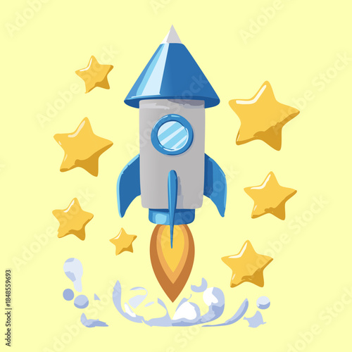 Blue space rocket launch with golden stars on yellow background for futuristic exploration and creative mission concept