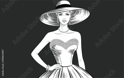 Elegant Vintage Woman Wearing Wide Brim Hat Pearl Jewelry And Formal Evening Gown