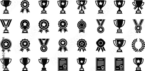 Set of black and white award icons including trophies winner medals stars laurel wreaths and certificates for achievement branding.