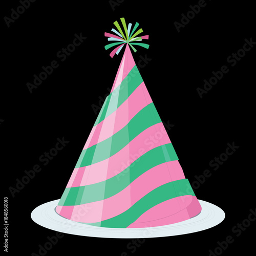 Striped pink and green party hat for festive birthday celebration and holiday event headwear decoration element