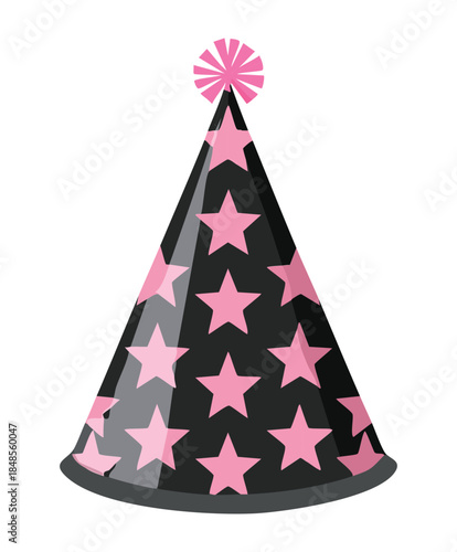 Classic black birthday party hat with pink stars for festive celebration and holiday event headwear decoration element