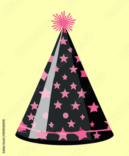 black cone party hat decorated with pink stars and a fuzzy pompom for festive birthday celebrations