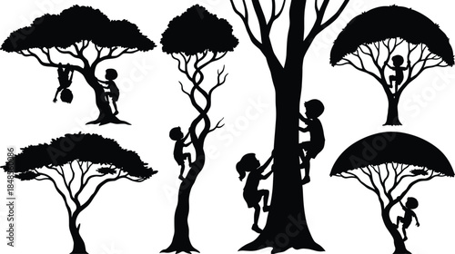 Children climbing trees, outdoor play silhouette, nature adventure, black vector art, childhood activity, forest fun, minimal design, tree interaction