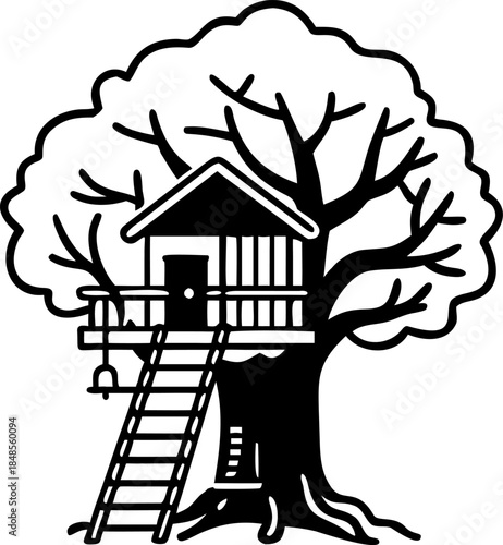 
This image is a black and white line-art illustration of a wooden treehouse nestled in a large tree with a ladder leading up to the porch.