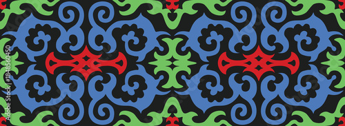 Korean dancheong pattern with geometric drawing shapes and contrasting colors. Traditional Korean architectural motif. Oriental damask for fabric and wallpaper print. Vector seamless texture