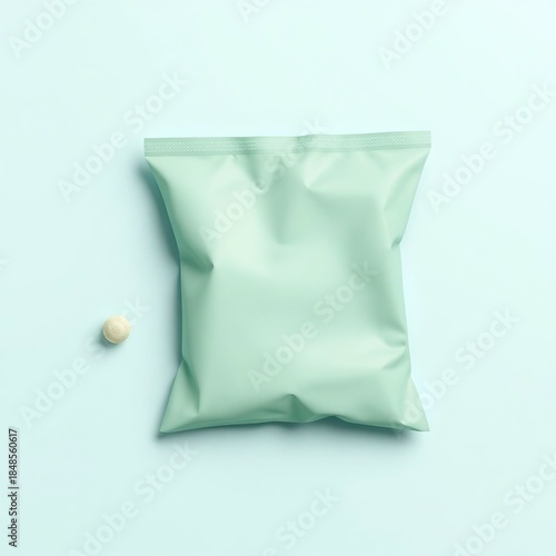 Minimalist light green blank snack bag mockup with a single white pill on blue surface