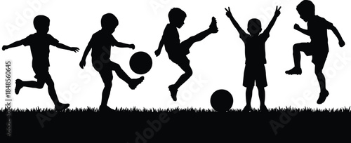 Children playing soccer silhouette set showing kids football action outdoor fun isolated black vector illustration for sport education design concept