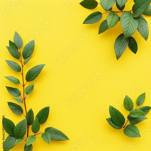 Vibrant yellow background adorned with lush green leafy branches in three corners