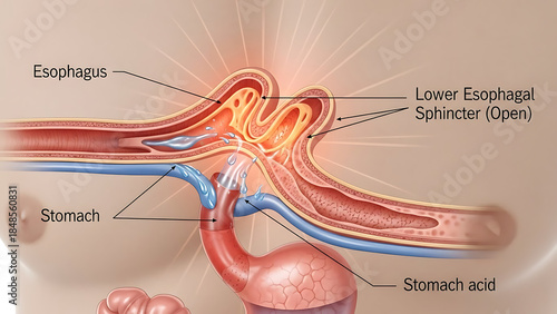 Heartburn And Acid Reflux or Gastroesophageal disease or GERD as an open sphincter with an iflammed