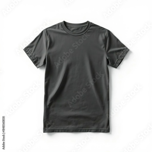 Plain dark gray t-shirt presented flat on a white background from top view
