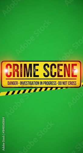 A vibrant crime scene graphic on a green backdrop, featuring a yellow and red sign with text, and a striped caution tape