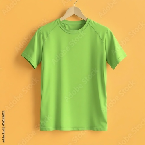 Bright green t-shirt on a wooden hanger against vibrant orange background