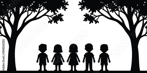 Children standing silhouette under trees group friendship childhood unity nature concept illustration isolated white background vector art design