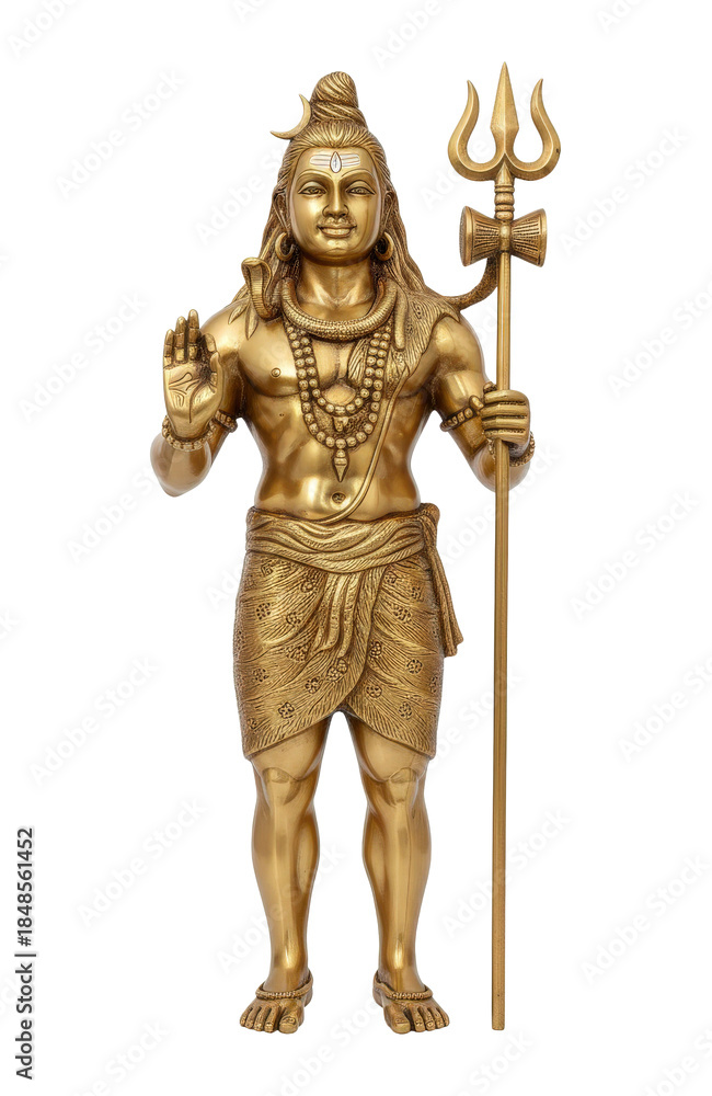 Obraz premium Standing golden Shiva statue holding a trident and drum, with a crescent moon on his head and the Ganges flowing from his hair.