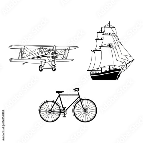 Vintage biplane, classic sailboat, and modern bicycle represent diverse transportation modes and historical journeys