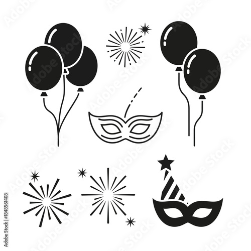 Celebrate with festive balloons, dazzling fireworks, and elegant masquerade masks perfect for parties and special occasions