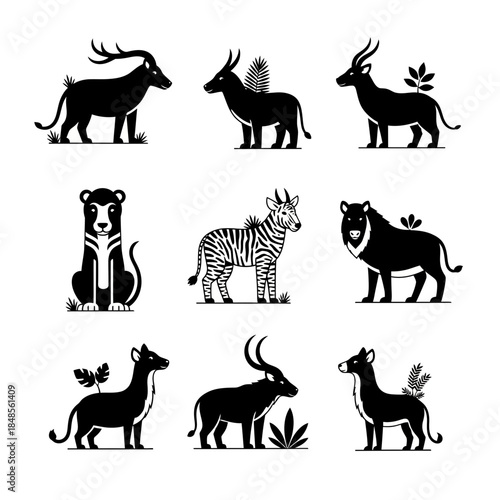 Captivating collection of stylized African savanna wildlife silhouettes showcasing diverse animals in naturalistic poses with organic accents