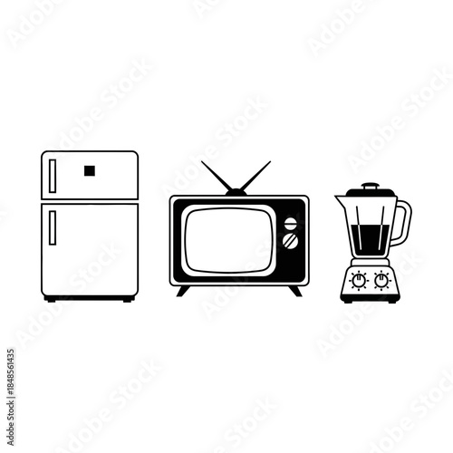 Retro and modern appliances a vintage TV, refrigerator, and blender represent home technology evolution and everyday convenience