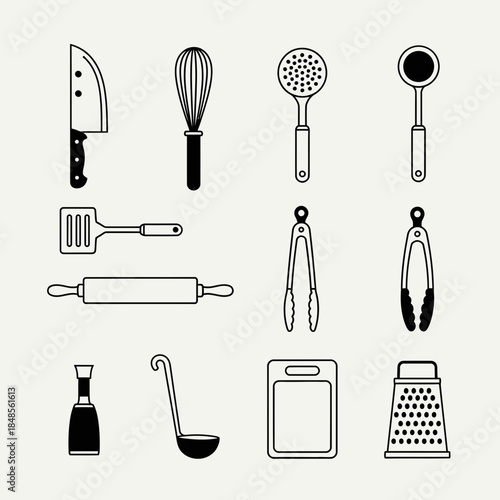 Essential kitchen tools collection featuring knife, whisk, spatula, tongs, grater, and rolling pin for culinary preparation and cooking
